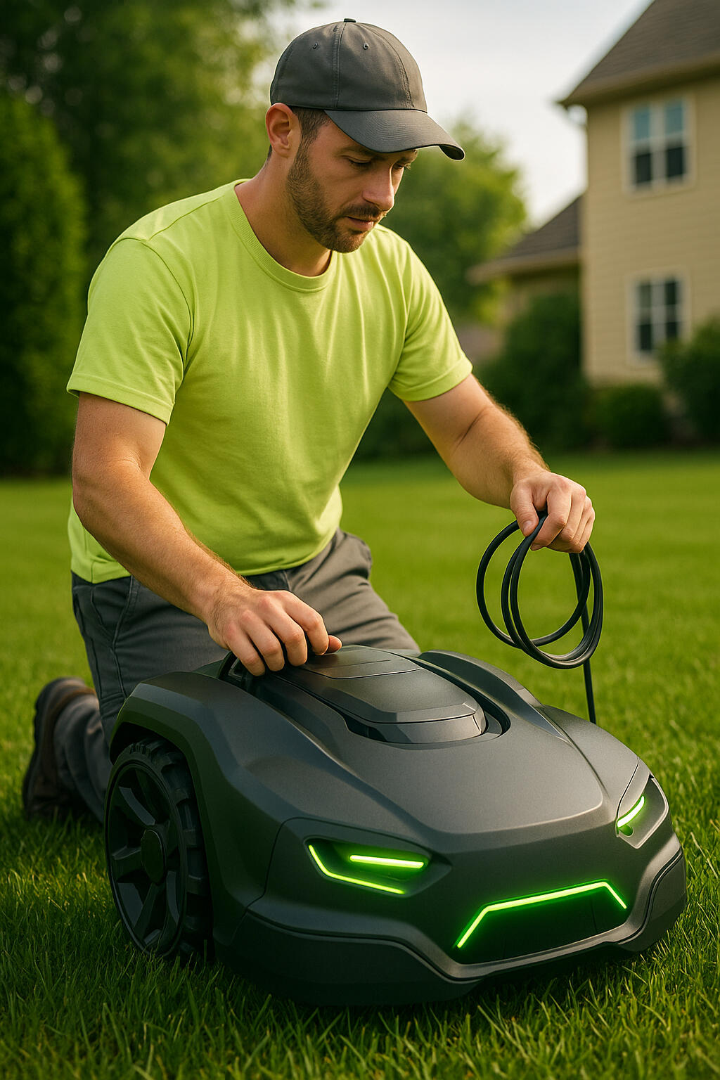 Professional robot mower installation — Forest Lake MN Romow technician setting up and calibrating a robot mower