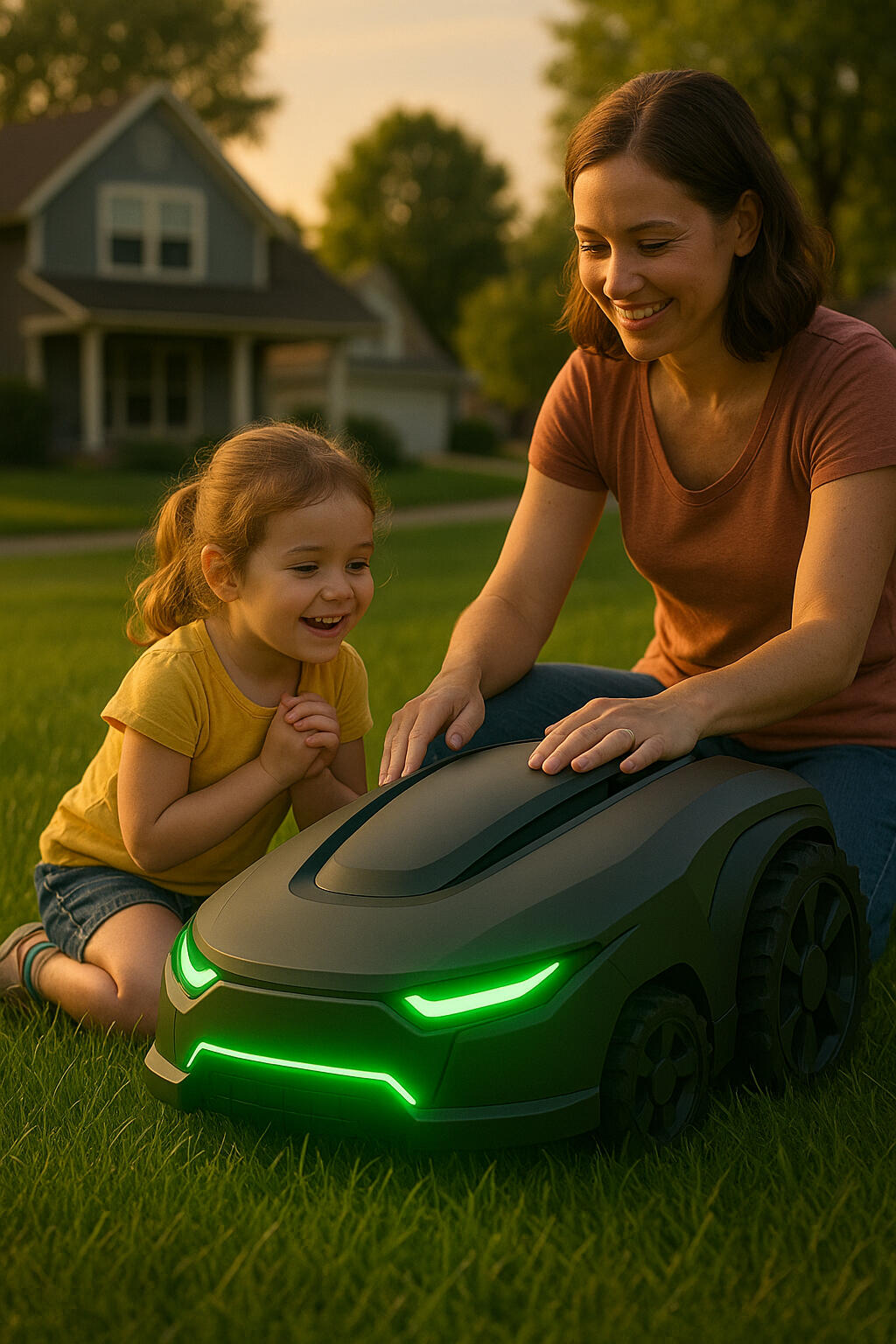 Homeowners watching robot mower from front door