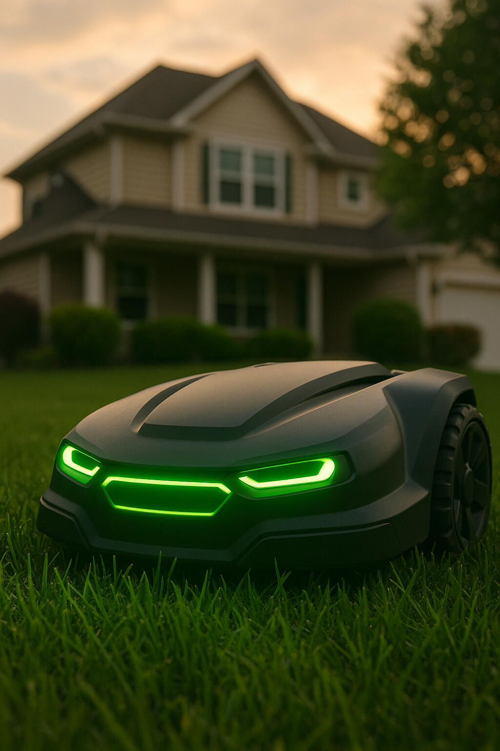 Futuristic robot mower cutting a Minnesota lawn
